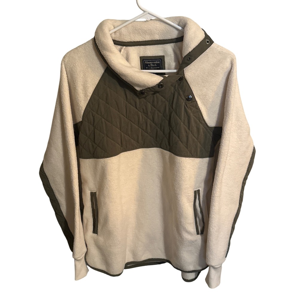 Abercrombie & Fitch Quilted Fleece Pullover Asymmetric Snap Ivory Green Sz S